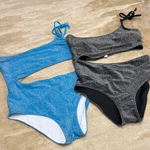 PINK- bundle of Shimmery Blue One-Piece Swimsuit & Metallic Black Bikini Set